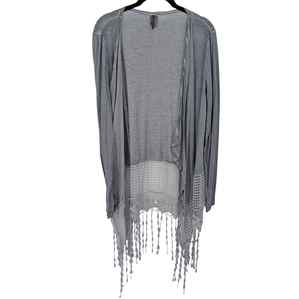 XCVI Cardigan Women Large Gray Crochet Lace Fringe Open Front Boho‎ Festival
